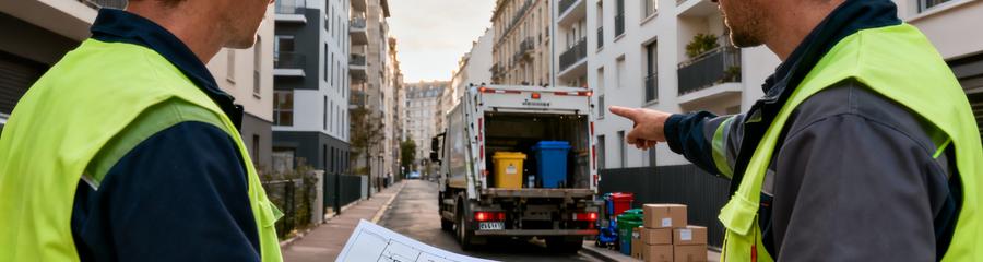 Débarrasseurs planifiant intervention urbaine, consultation accès quartier résidentiel Nantes