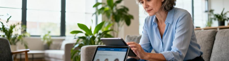 Femme consultant plateforme débarras succession sur tablette, recherche professionnels qualifiés