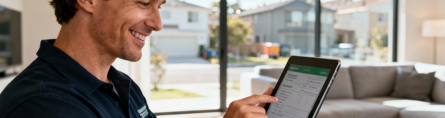 Propriétaire consultant devis débarras cave sur tablette, comparaison offres professionnelles en ligne