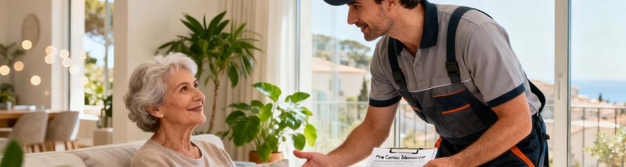 Professionnelle présentant devis débarras à cliente, échange bienveillant salon varois