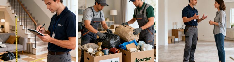 Triptyque processus débarras : diagnostic, tri sélectif encombrants, vérification finale satisfaction client