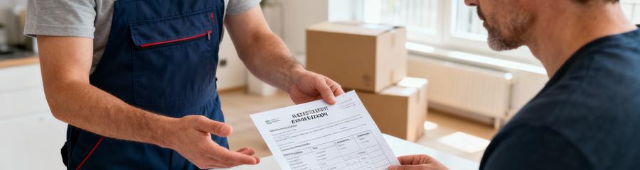 Professionnelle présentant attestation assurance et devis débarras détaillé à cliente Dijon