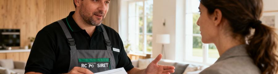 Professionnel débarras présentant attestations assurance et SIRET à client, conseil transparent