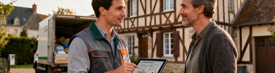 Professionnel débarras présentant devis client devant maison normande, consultation personnalisée