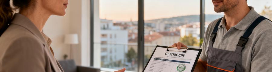 Client consultant certifications avec débarrasseur professionnel, devis détaillé et documents assurance