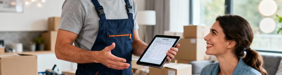 Professionnel débarras présentant devis détaillé cliente, consultation transparente appartement