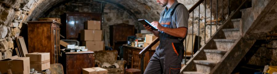 Professionnel évaluant volume cave encombrée pour devis débarras, tablette et encombrants