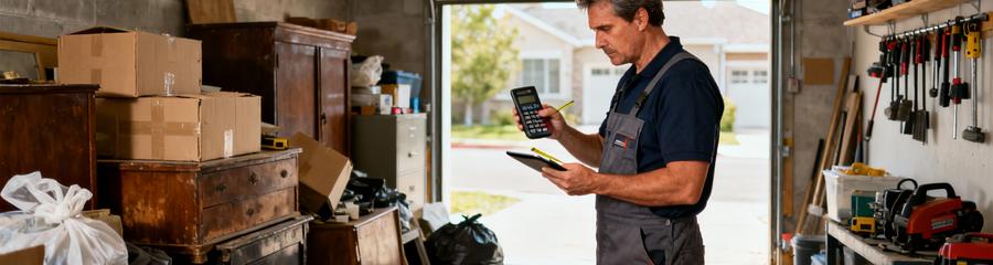 Professionnel évaluant volume encombrants garage pour estimation tarif débarras