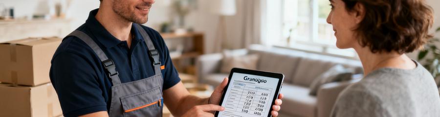 Professionnel présentant devis débarras détaillé client, évaluation volume et tarifs transparents