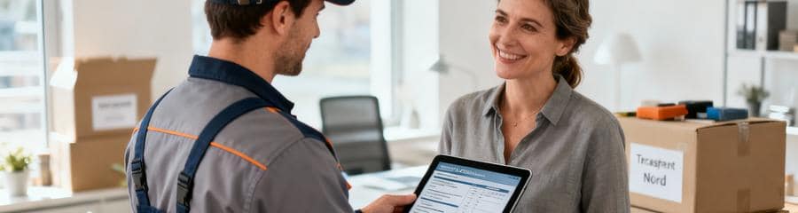 Professionnelle présentant devis débarras transparent à client, conseil personnalisé