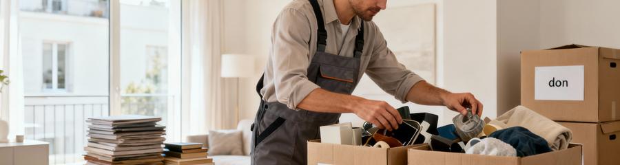 Professionnel effectuant tri méthodique objets débarras, cartons étiquetés par destination