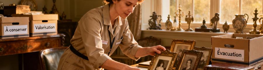 Professionnelle triant objets succession avec soin, documents et souvenirs familiaux préservés