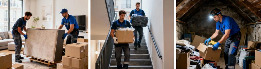 Triptyque types débarras : maison complète, appartement urbain, cave grenier avec équipes spécialisées
