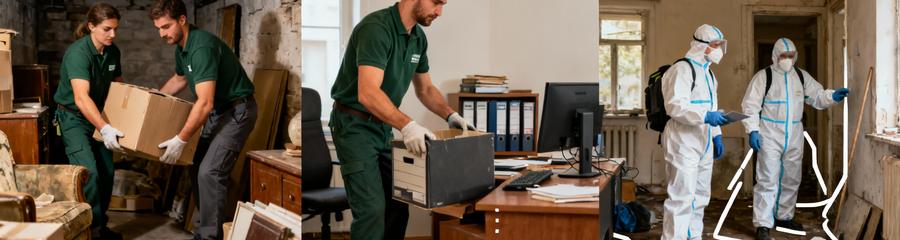 Triptyque types débarras : résidentiel cave, professionnel bureau, spécialisé insalubre avec équipes adaptées