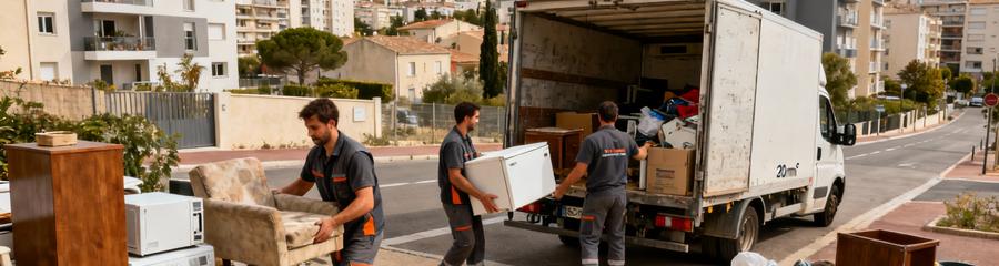 Types Interventions Debarras Nimes Urbain Équipe débarras évacuant encombrants immeuble Nîmes, mobilier et électroménager vers camion