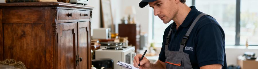 Professionnel évaluant mobilier ancien lors débarras, expertise valorisation objets récupérables