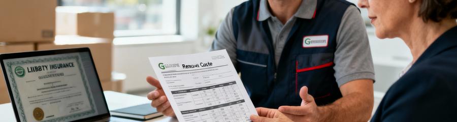 Cliente vérifiant devis débarras détaillé avec professionnel, garanties et assurances