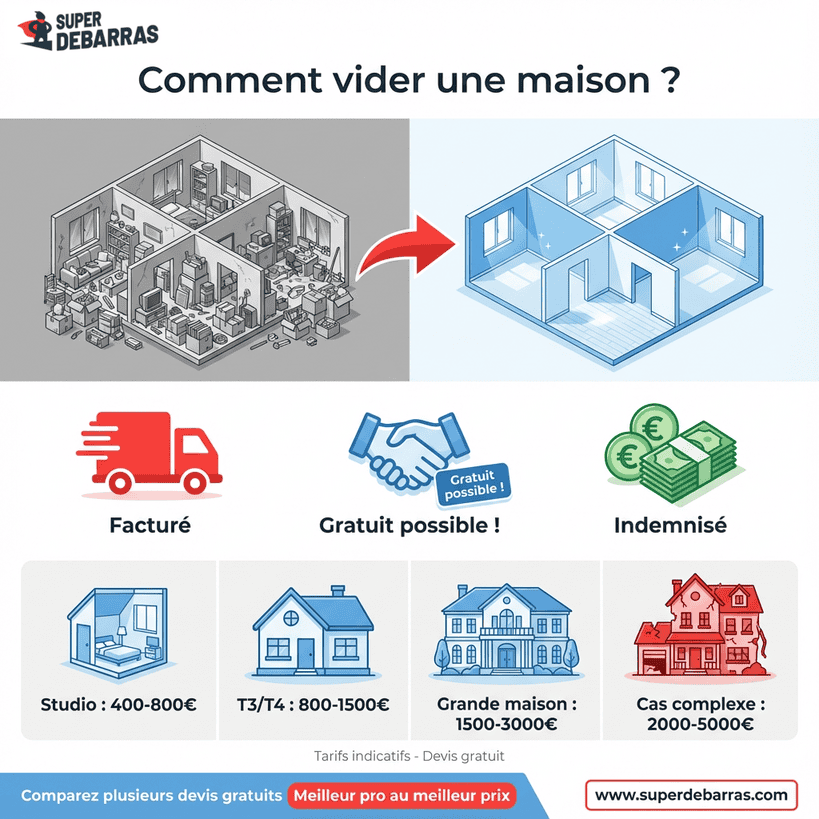 Tarifs débarras maison selon surface : studio 400-800€, T3/T4 800-1500€, grande maison 1500-3000€, formules facturées ou gratuites