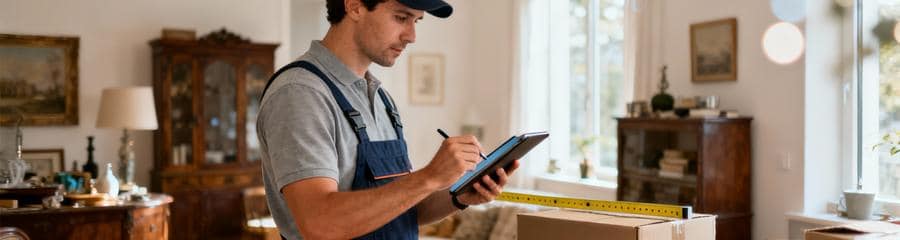 Débarrasseur professionnel effectuant visite technique, évaluation volume et objets valorisables