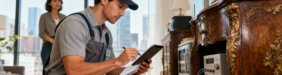 Expert débarras évaluant meubles et objets valorisables lors visite technique appartement