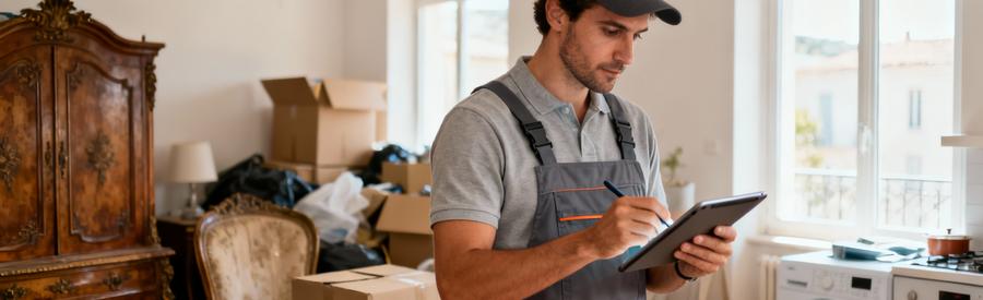 Professionnel établissant devis débarras, évaluation volume et valorisation objets Vence