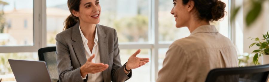 Professionnelle débarras expliquant devis détaillé cliente, conseil personnalisé bureau