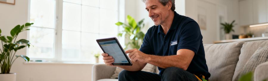 Comparaison Devis Debarras Plateforme Haute Loire Client comparant devis débarras sur tablette, choix professionnel éclairé salon moderne