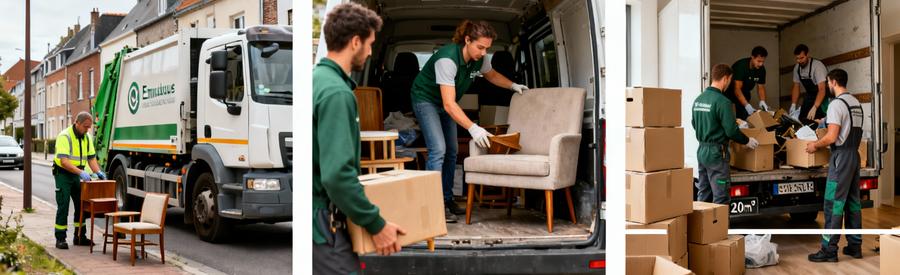 Triptyque comparant service municipal, association caritative et débarras professionnel complet