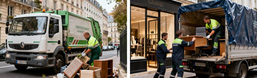 Diptyque comparant service municipal encombrants et débarras professionnel boutique Marais Paris 3e