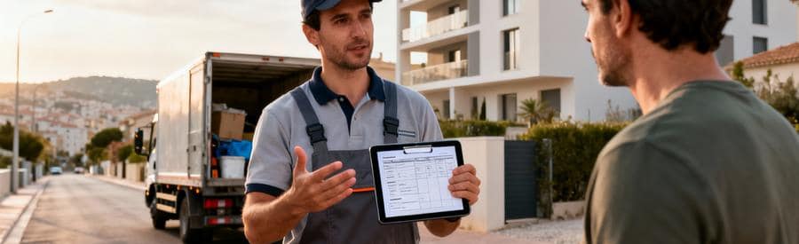 Professionnel débarras consultant client devant maison, devis détaillé sur tablette à Marseille
