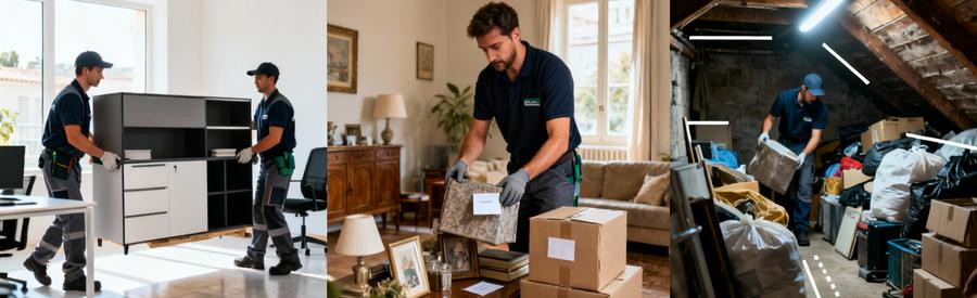 Triptyque contextes débarras Cannes : bureaux professionnels, succession résidentielle, désencombrement cave