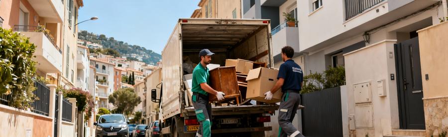 Débarrasseurs évacuant encombrants rue étroite urbaine, contraintes accès Saint-Laurent-du-Var