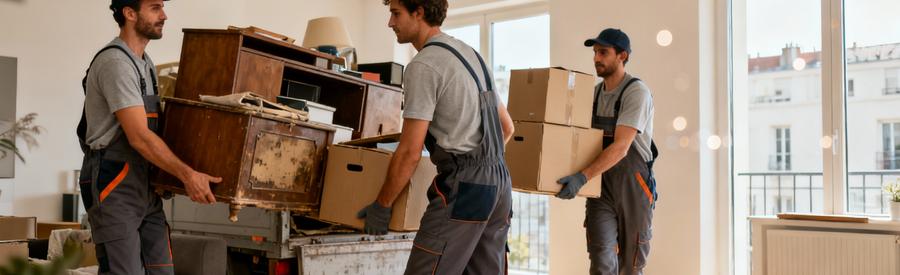 Équipe débarras évacuant encombrants appartement Seine-Saint-Denis, mobilier et cartons