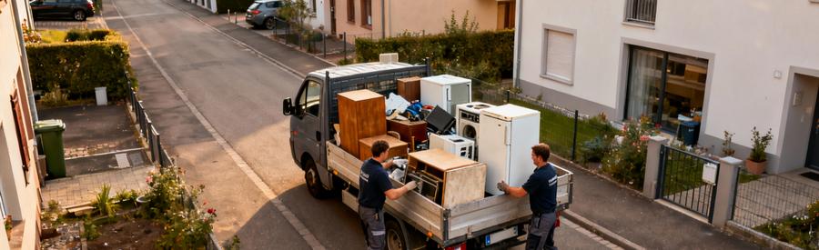 Professionnels chargeant encombrants camion compact rue étroite quartier résidentiel alsacien