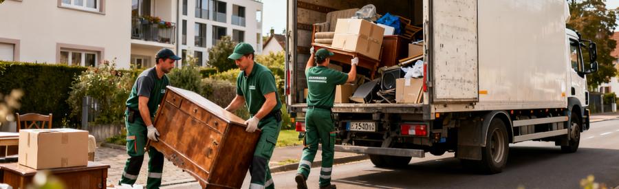 Équipe débarras évacuant encombrants maison Bas-Rhin, camion et mobilier volumineux