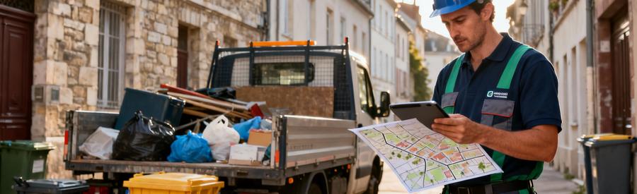 Professionnel débarras planifiant intervention rue étroite centre Bourg-en-Bresse, coordination logistique