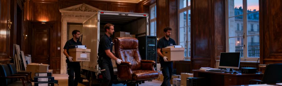 Débarrasseurs évacuant mobilier bureau prestige Paris aurore, opération discrète professionnelle