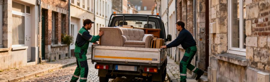 Débarrasseurs chargeant encombrants rue étroite centre-ville Cambrai, véhicule adapté immeubles anciens