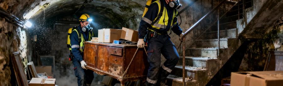 Débarrasseurs évacuant encombrants cave humide escaliers étroits, équipement protection professionnel