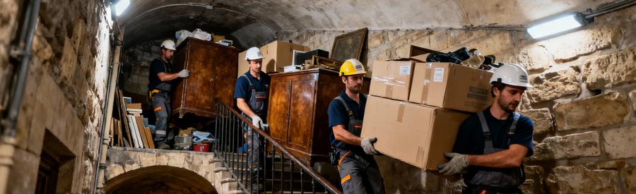 Débarrasseurs évacuant encombrants cave étroite immeuble Marais Paris 3e, escaliers contraignants