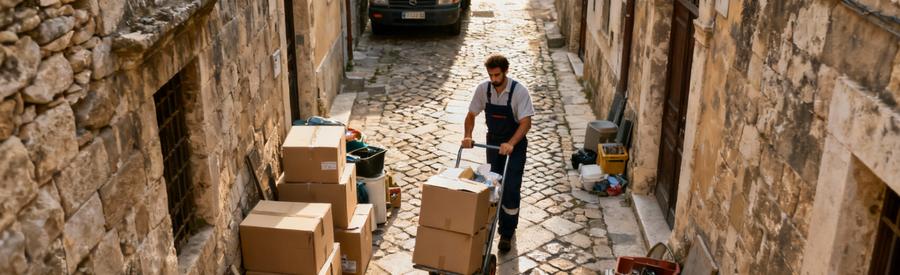 Débarrasseur manœuvrant encombrants ruelle étroite centre historique, contraintes spatiales urbaines