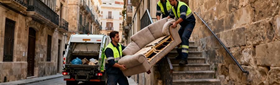 Équipe débarras évacuant mobilier rue étroite centre-ville, immeubles anciens, contraintes logistiques urbaines