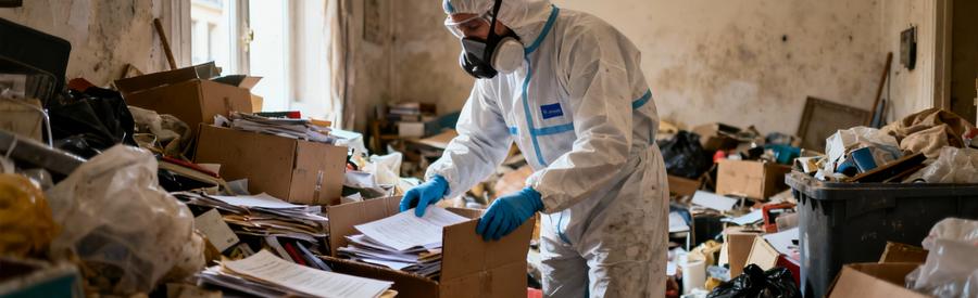 Debarras Diogene Intervention Specialisee Paris Professionnel équipé triant objets entassés appartement Diogène, intervention spécialisée respectueuse