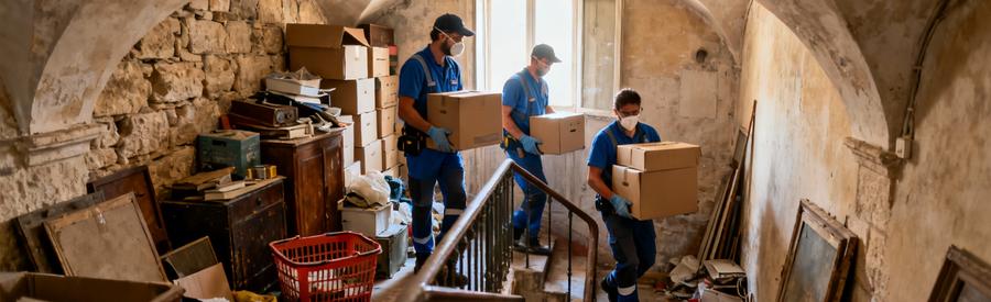 Équipe débarras Diogène évacuant encombrement extrême escalier étroit immeuble ancien marseillais