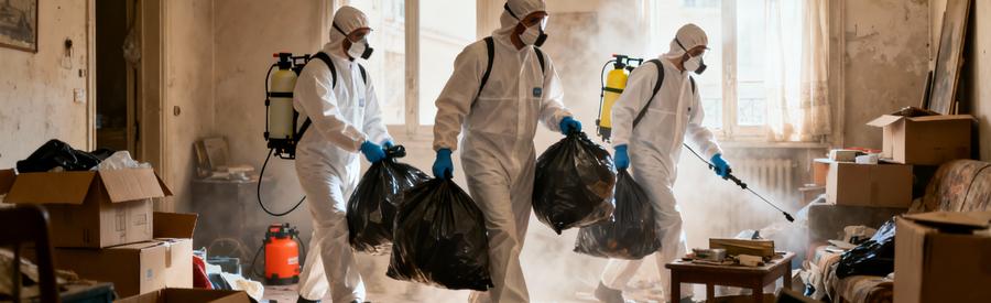 Équipe débarras Diogène Marseille, tenues protection complètes, évacuation encombrants accumulation