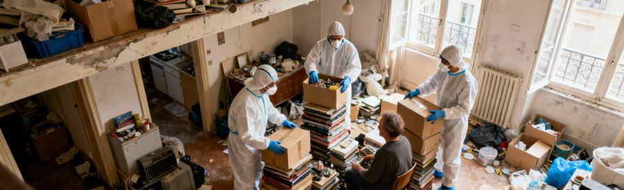 Équipe débarras équipée intervenant logement Diogène, tri respectueux accumulations objets