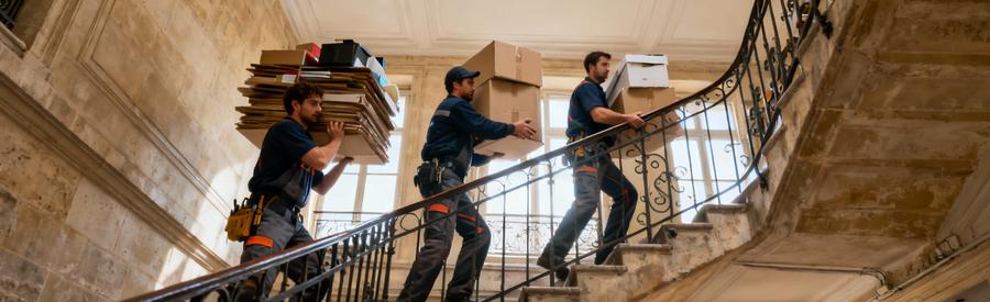 Debarras Diogene Paris Escaliers Haussmannien Équipe débarras évacuant volumes importants escaliers immeuble haussmannien parisien sans ascenseur