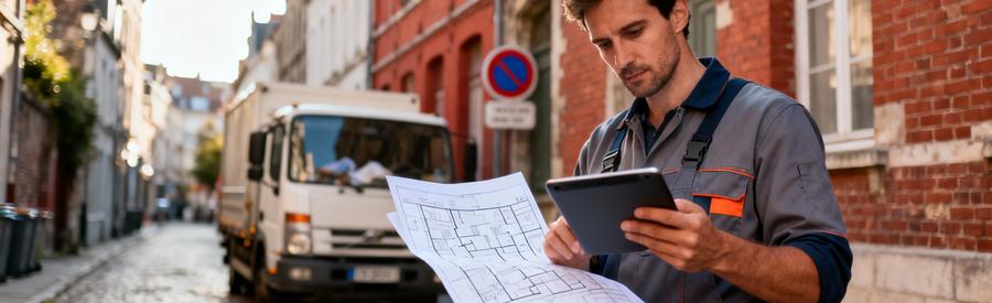 Debarras Douai Contraintes Logistiques Urbaines Professionnel débarras planifiant intervention centre-ville Douai, contraintes urbanisme et autorisations