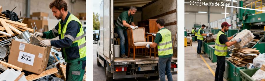 Triptyque débarras éco-responsable : tri matériaux, don associations, recyclage centre spécialisé Hauts-de-Seine