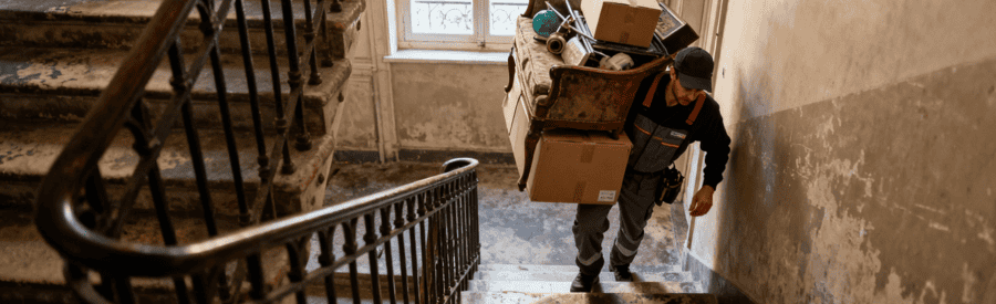 Débarrasseur transportant encombrants escalier étroit immeuble parisien ancien, accès difficile